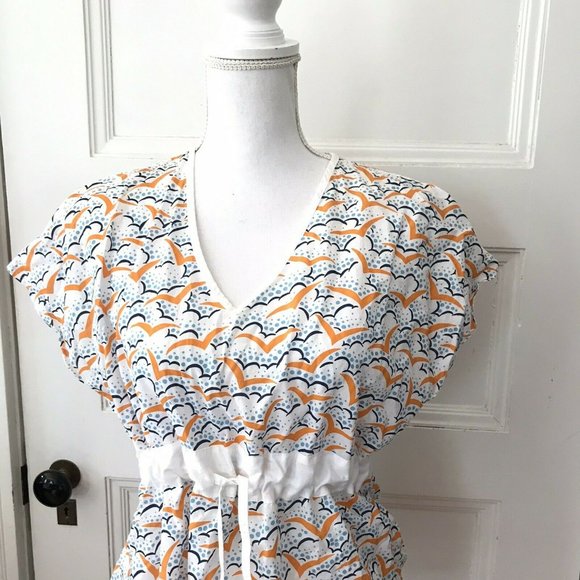Eley Kishimoto Blue Orange White Bird Print Top Cotton Drawstring Waist - Picture 4 of 4